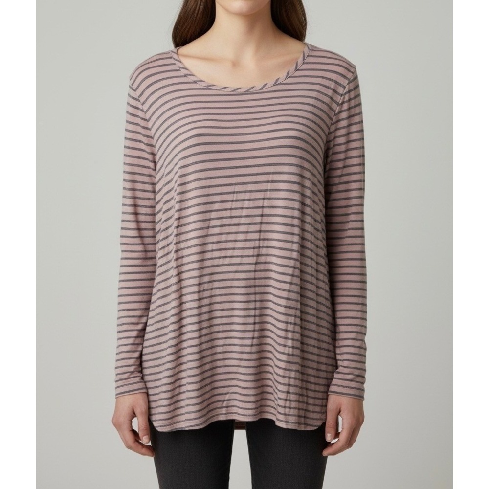 LOGO Lori Goldstein Womens Large Pink Gray Striped Sharkbite Hem Tunic Top LS
